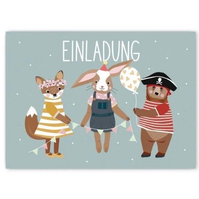Nellie & Finn Kinder Einladungskartenset 6er Set Fuchs, Hase & Bär - Sausebrause Shop