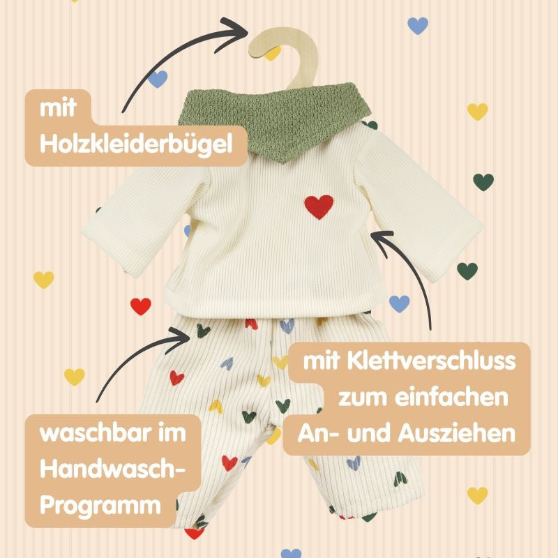Heless Puppen Kordhose Herz Konfetti Set mit Tshirt und Nickituch 35‑45 cm