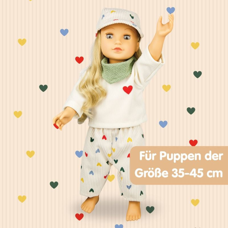 Heless Puppen Kordhose Herz Konfetti Set mit Tshirt und Nickituch 35‑45 cm