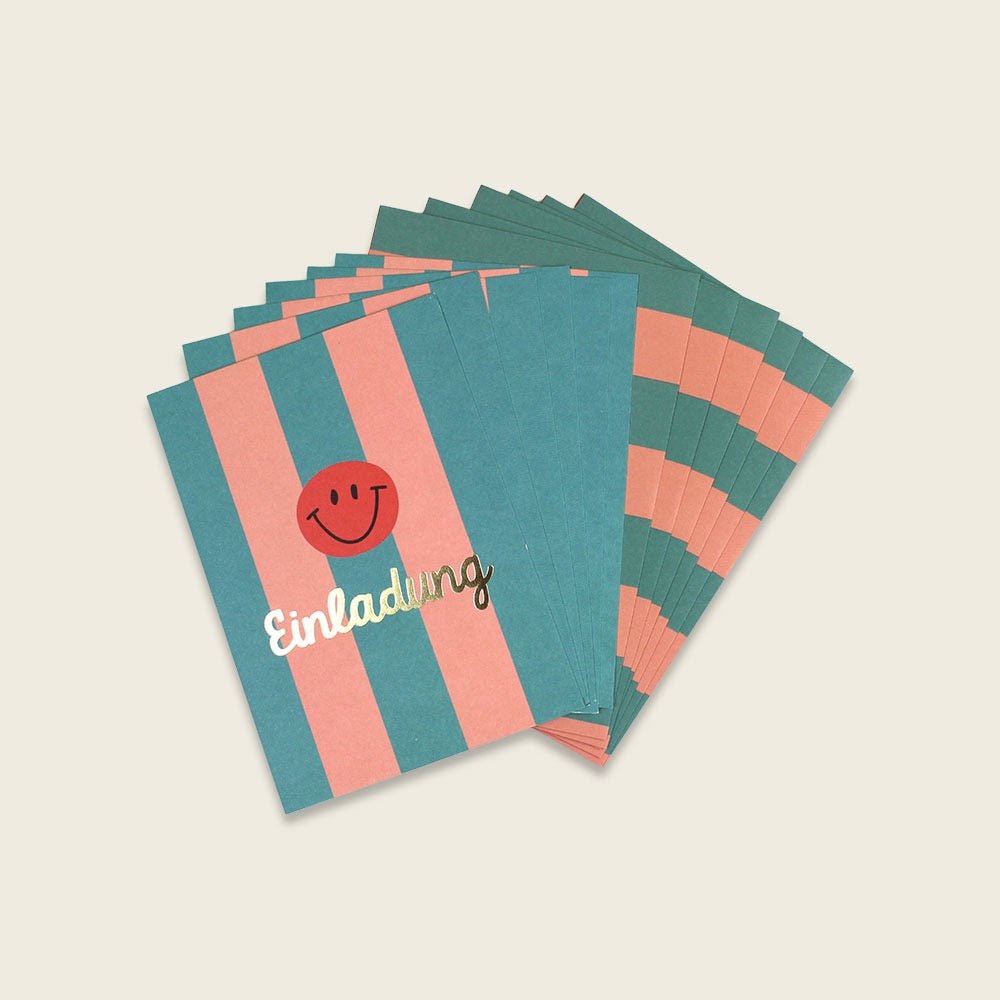 Ava & Yves Einladungskarten - Set „Stripes“ türkis/lachs/koralle - Sausebrause Shop