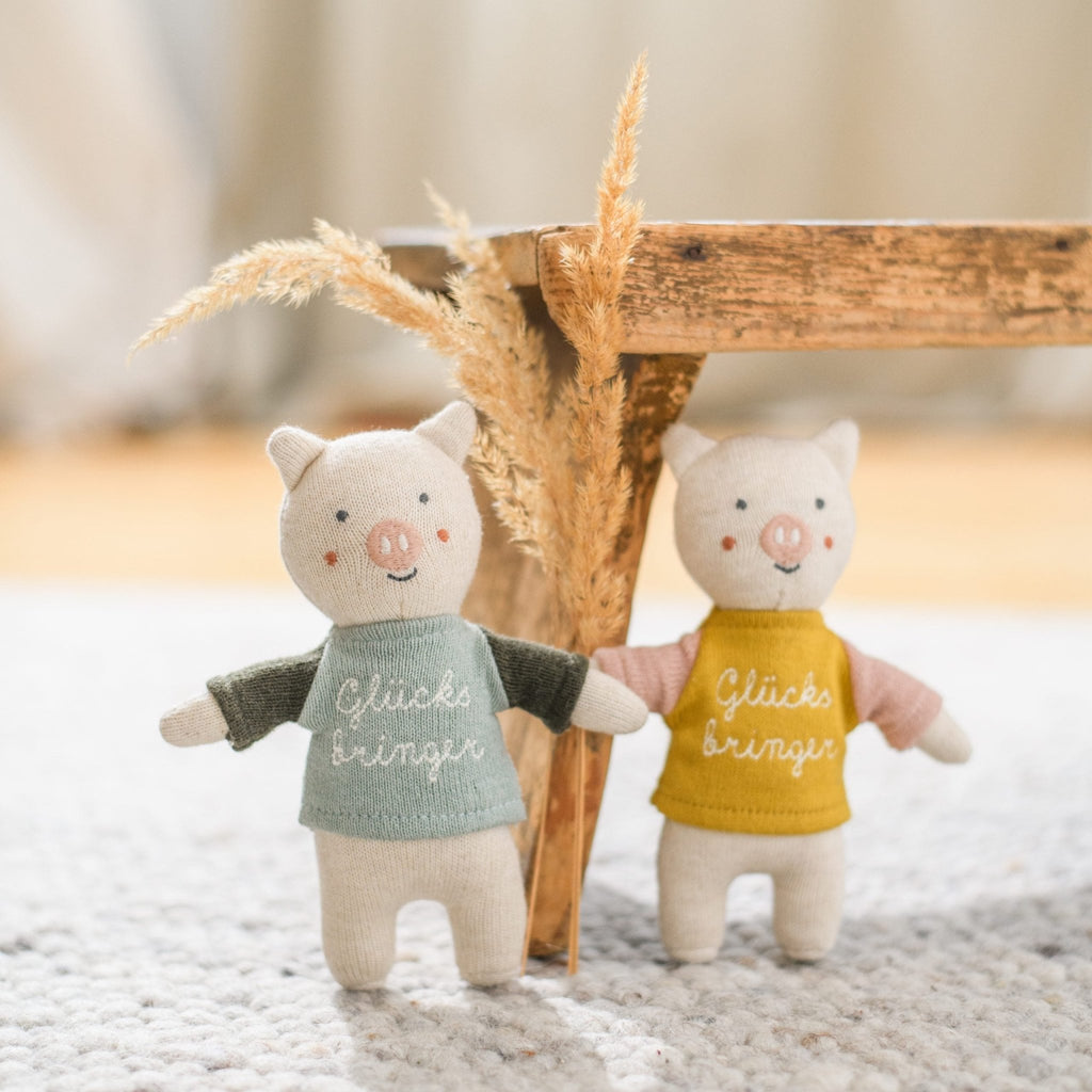 Ava & Yves Glücksbringer - Schwein 15 cm – Shirt eisblau/oliv - Sausebrause Shop