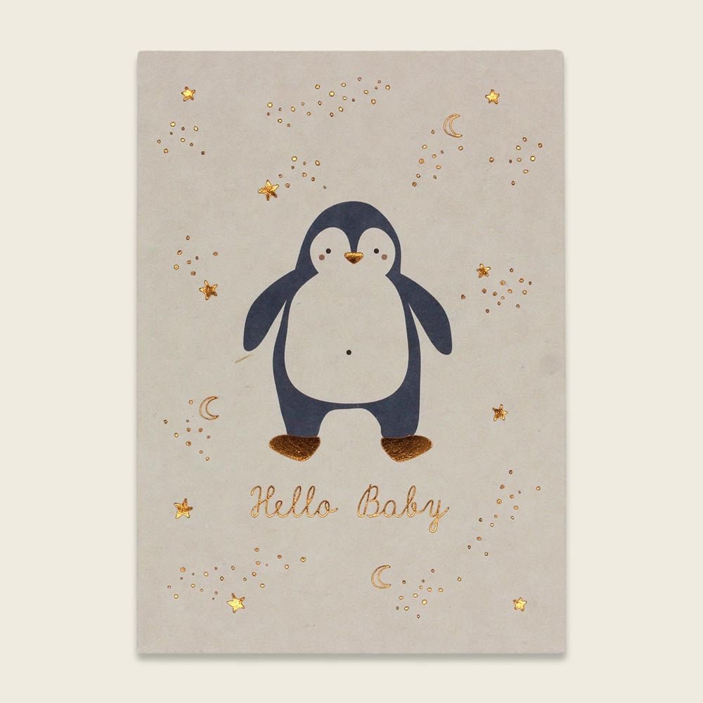 Ava & Yves Postkarte Pinguin Hello Baby blau mit Kupferfolie - Sausebrause Shop