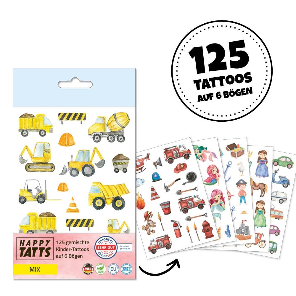 Happy Tatts – Kinder - Tattoos Mix, 125 Stück - Sausebrause Shop