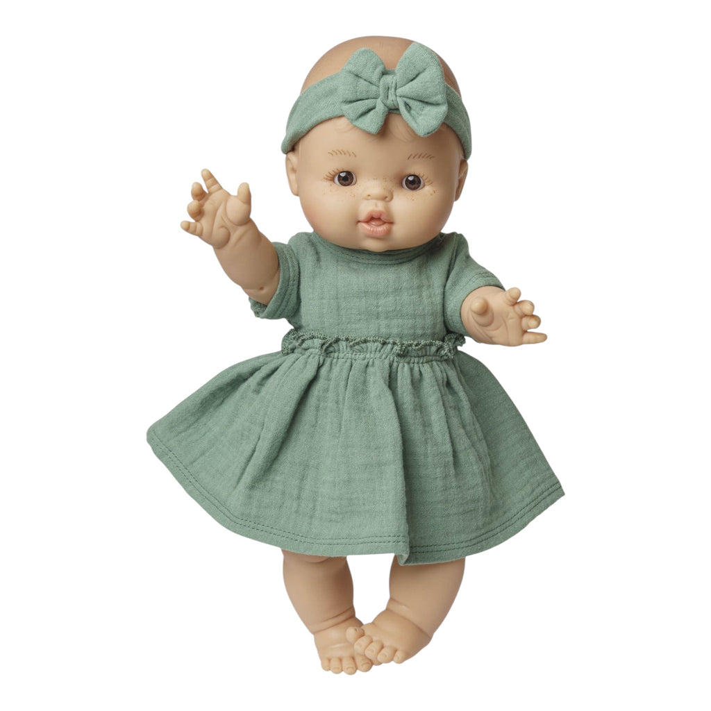 Paola Reina Babypuppe mit Biokleid salbeigrün 34 cm - Sausebrause Shop