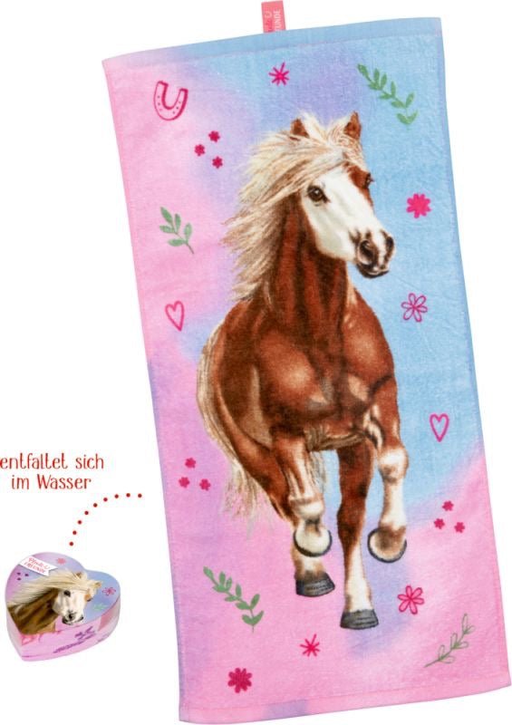 Zauberhandtuch Pferdefreunde – gepresstes Herz - Handtuch ab 3 Jahre - Sausebrause Shop